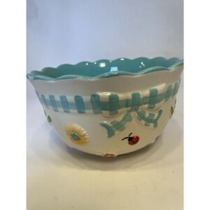 TEMPTATIONS Gingham Garden Mixing Serving Bowl Aqua Blue 1.0 QT